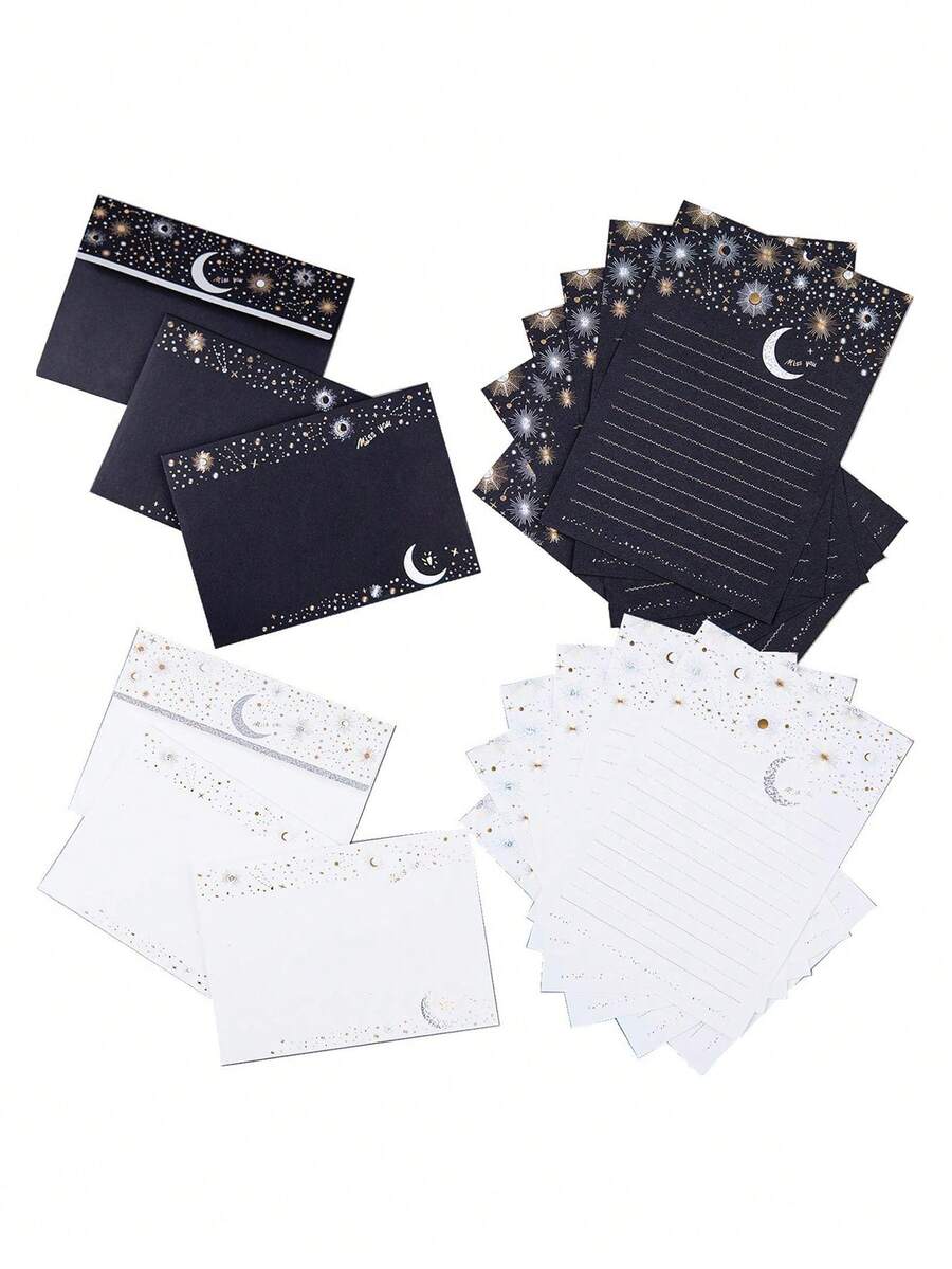 Bộ giấy viết thư kèm phong bì gồm 27 tờ, thiết kế họa tiết sao và trăng, dòng sản phẩm Flashing Series, giấy viết thư 8.5 x 6 inch. - Nhiều màu - Xem 1