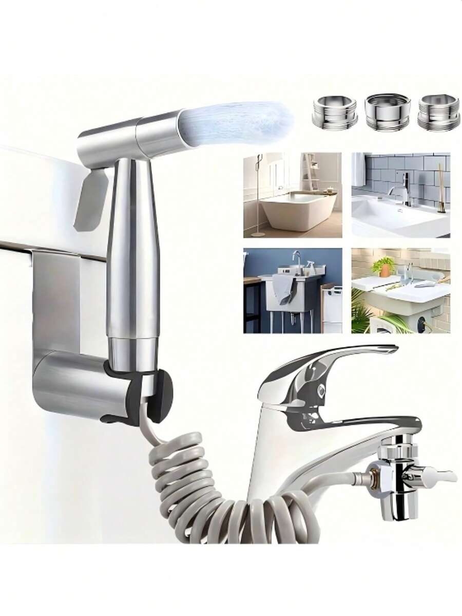 1 Set Sink Hose Handheld, 304 Stainless Steel Sprayer, With 79-Inch Retractable Spring Hose & Sprayer Holder, Suitable For Women Cleaning, Baby Diaper Cleaning - Silver - View 1
