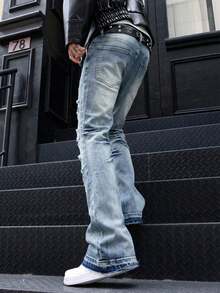 Men's Flared Jeans, Slim Fit Distressed Flare Leg Jeans, Y2K Stacked Jeans, Contrast Wash Embroidered Jeans, Suitable For All Seasons - Baby Blue - View 5