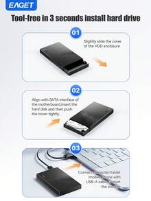 EAGET 2.5英寸外置硬盘盒，USB 3.0 SATA SSD/HDD硬盘盒，5Gbps高速传输，支持UASP TRIM，免工具安装，即插即用，适用于PC、电视和移动设备。 - 黑色 - 查看 8