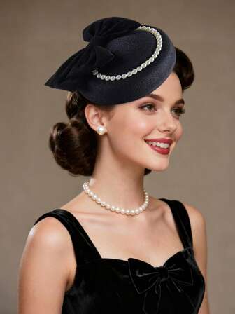 1Pc Fascinator Hat Delicate Pearls Bowknot Clip Headwear For Girls Delicate Tea Party Hair Accessories Barrettes