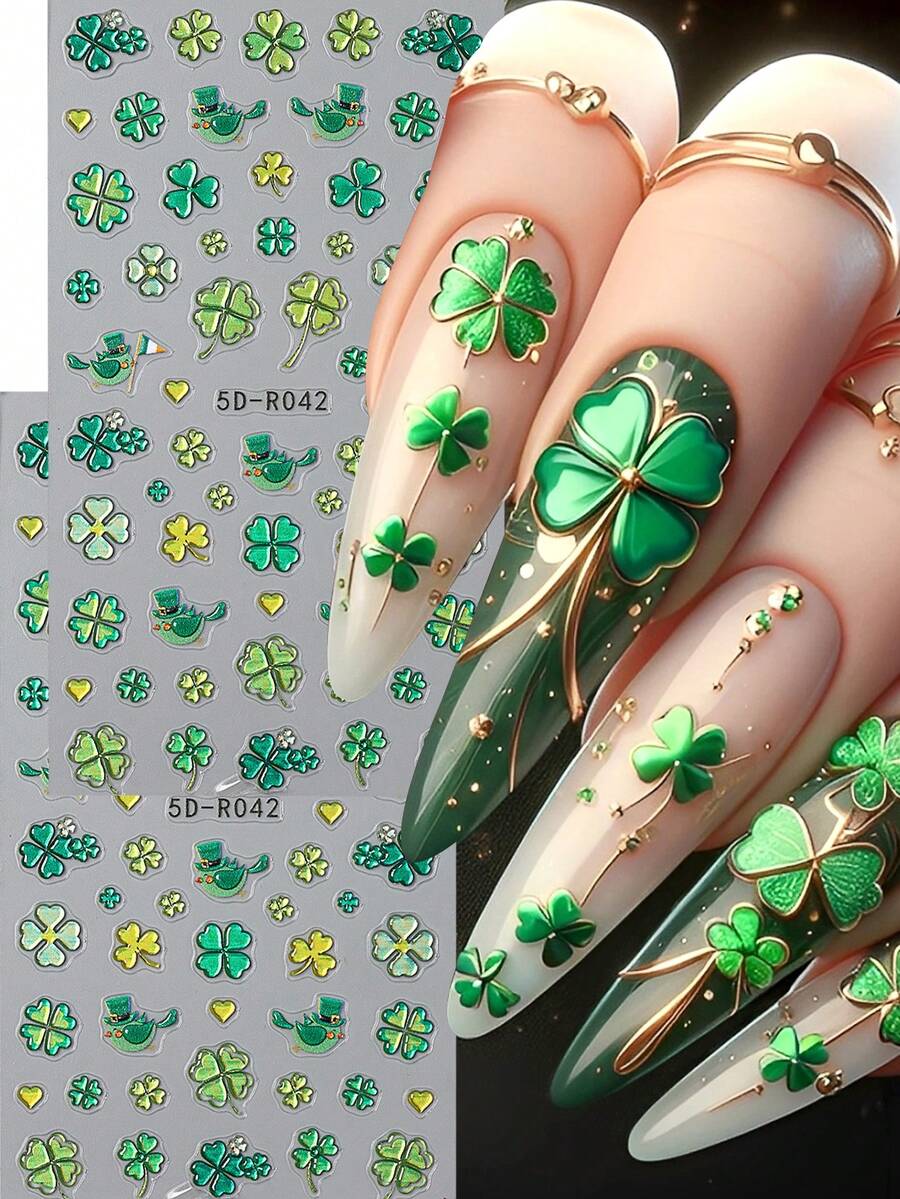 2pcs 5D Embossed Green Nail Art Stickers, Four-Leaf Clover & Love Bird Design, Sliding Style Nail Decals, Nail Art Supplies & Decorations - Multicolor - View 1