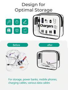 新品上市！多功能充电器旅行收纳包 - 透明洗漱包，旅行必备，便携式拉链旅行化妆包，沙滩透明PVC洗漱包，防水收纳袋，透明整理包，线缆USB收纳包，机场安检PVC化妆包，适用于充电器、数据线和移动电源，男女通用充电器收纳包 - 彩色 - 查看 7