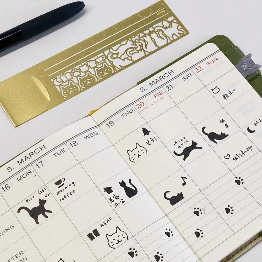 猫咪图案双面书签，多功能礼品，猫咪模板尺，日记本，计划本，笔记本，文具工具 - 彩色 - 查看 1
