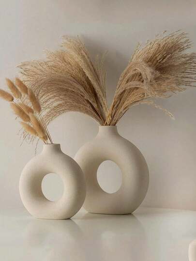 1pc Modern Minimalist Decorative Vase, Hollow Round Matte Rattan Vase, White O-Shaped Vase For Boho Style Home, Wedding And Party Table/Shelf Decor