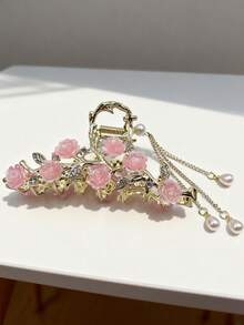 Presilha de cabelo Y2K Sweet Girl * Estilo romântico de primavera com rosa rosa, strass e borla de pérolas em dourado. Design requintado, perfeita para passeios de primavera, jantares românticos, looks com Hanfu, chá da tarde com a melhor amiga, estilo streetwear de férias. Acessório de cabelo versátil e elegante, com presilha de garra para um visual casual e sofisticado. - Multicolorido - Ver 3