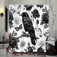 1Pc Gothic Crow & Floral Shower Curtain, Black & White Botanical Print, Machine Washable Polyester With 12 Hooks, Modern Elegant Bathroom Decor, Smooth Texture Fabric For Stylish Home Aesthetics, Bathroom Decor And Accessories - 顏色2 - 查看 5