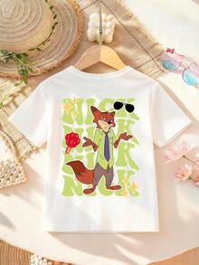 Disney Zootopia Nick Wilde Double-Sided Letter Print Girls' T-Shirt - Children's Clothing Design Short-Sleeve Casual Cute Style Comfortable And Relaxed Suitable For Boys And Girls, Perfect For Parties And Play Machine Washable Gift Children's Clothing Girls' Short-Sleeve Shirt - 白色 - 查看 3