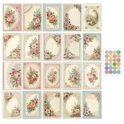 20张复古花卉字母纸风格墙贴套装，包含精美图片、蕾丝玫瑰明信片、浪漫小海报，适用于家居房间墙面装饰、宿舍墙面艺术照片拼贴。