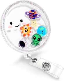 Plifal Badge Reel Holder Clip - Cute Space Planet Retractable ID Name Card Badge Reel With Charm Alligator Clip, Office Nurse Nursing Medical Worker Student Accessories Gifts - ColorV - 查看 1
