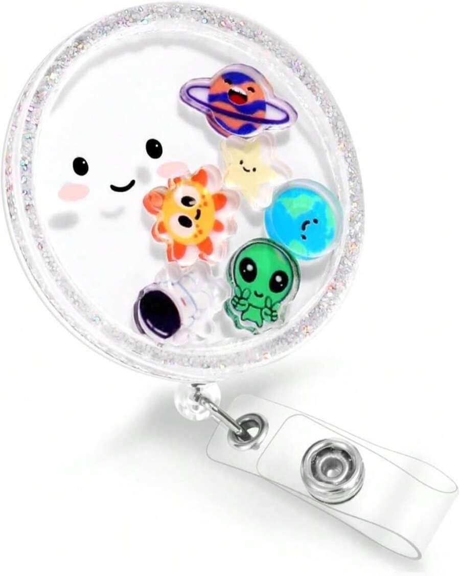 Plifal Badge Reel Holder Clip - Cute Space Planet Retractable ID Name Card Badge Reel With Charm Alligator Clip, Office Nurse Nursing Medical Worker Student Accessories Gifts - ColorV - 查看 1