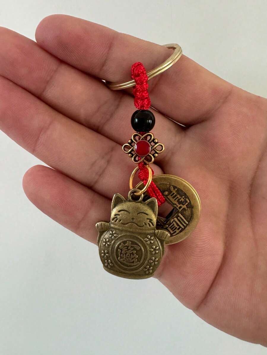 1pc Lucky Cat Keychain With 5 Coins, Exquisite & Cute, Holiday Gift