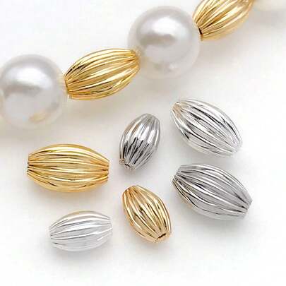 10pcs 18K Gold Plated Brass Barrel Bead Corrugated Oval Rice Beads Metal Bead Barrel Spacer Bead For DIY Necklace Bracelet Craft Jewelry Making