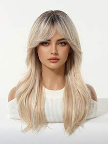 20英寸 Medlum 长发假发，女士渐变金色卷发假发，自然耐热合成假发，适合女性日常居家度假佩戴，带刘海 - 漸變金色 - 查看 4