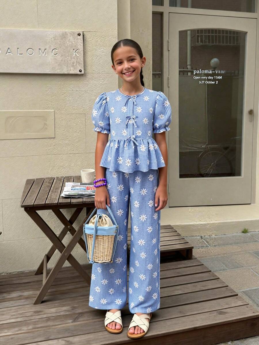 Summer Girls' Sweet & Fresh 2pcs Set, Blue & White Plaid Puff Sleeve Top With Floral Print & Bow Decor, Paired With Matching Loose Casual Pants, Stylish Outfit - Blue - View 1