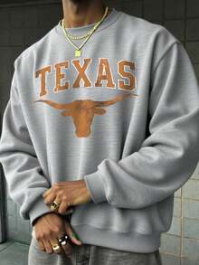 Sudadera De Cuello Redondo Casual Y Holgada Cómoda Para Hombres Con Gráfico Retro Del Longhorn De Texas Estadounidense, Estilo Callejero Hip Hop - Màu Xám nhạt - Xem 1