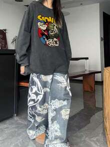 女士复古水洗黑色撞色字母卡通图案休闲宽松长袖圆领T恤，街头服饰，度假，居家，上学 - 黑色 - 查看 4