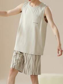 AICJ 2pcs Men Solid Color Casual Loose Minimalist Letter Print Tank Top & Shorts Pajama Set For Spring & Summer - Khaki - View 2