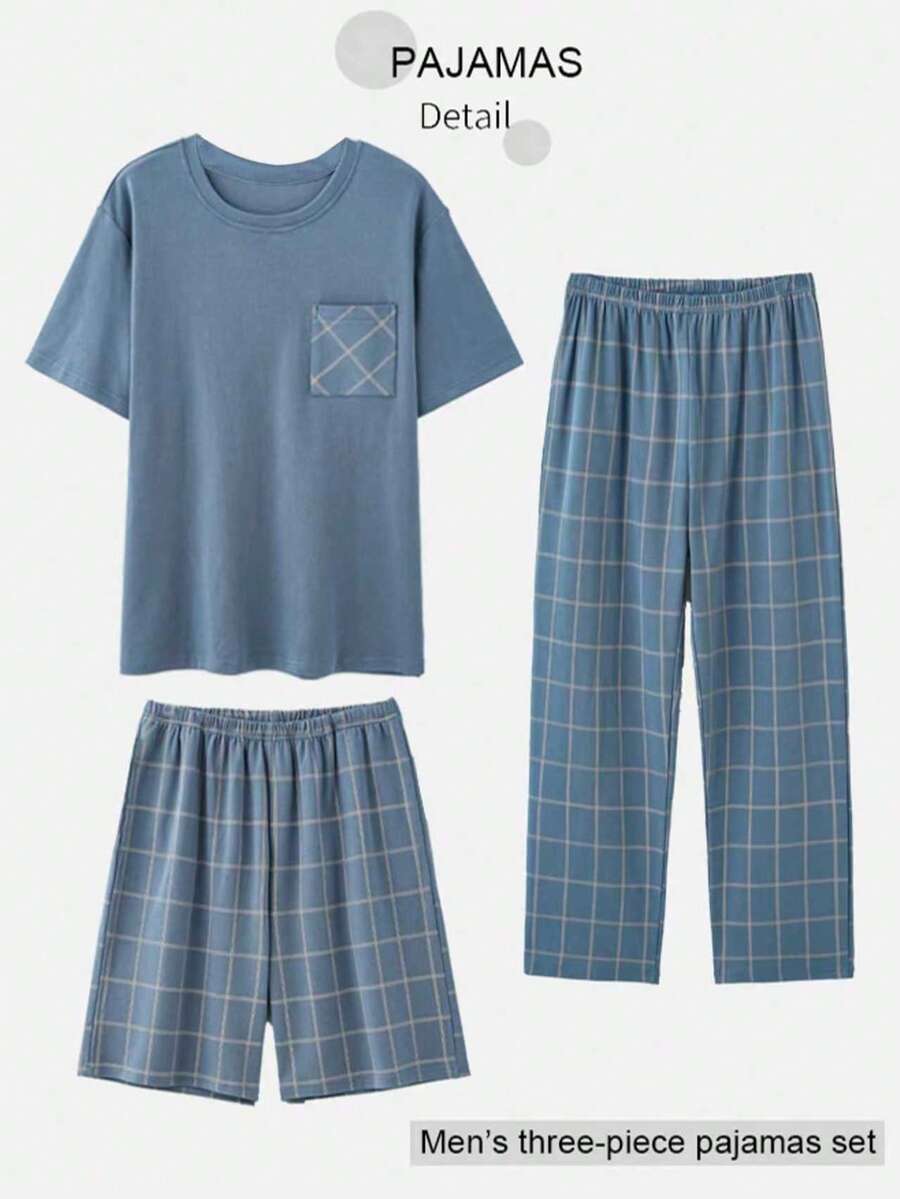 【AICJ睡衣】男士三件套睡衣,春/秋/冬/夏四季皆宜,短袖T恤带前袋,经典格纹短裤和长裤,男士休闲睡衣家居服 - 藍色 - 查看 1