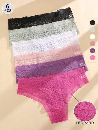 6条装女士性感无缝比基尼内裤蕾丝V腰丁字裤豹纹纯色柔软舒适透气内衣，适合瑜伽、运动和日常穿着