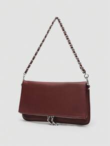 1pc Women's Chain Shoulder Bag, Crossbody Bag, Litchi Grain Underarm Bag With Chain, Minimalist Fashion Small Square Bag, Shoulder & Crossbody Bag With Detachable Strap - 酒紅色 - 查看 2