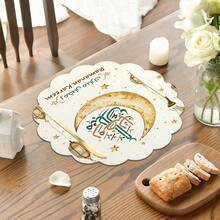 1 Peça/Conjunto Tapete de Mesa de Linho com Lanterna da Lua e Estrela para o Ramadã, Decoração de Mesa de Cozinha/Jantar Sazonal de 38cm*38cm, Decoração para Reunião Familiar no Ramadã, Decoração Doméstica para o Ramadã - Multicolorido - Visão 3
