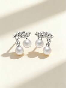 一对S925纯银音符造型耳环，镶嵌珍珠和锆石，优雅复古法式风格，适合日常、约会、派对、简约欧美风、亚洲优雅、中东奢华闪耀、复古欧式精致、职业女性、休闲外出、派对等各种场合。 - 音符 - 查看 4