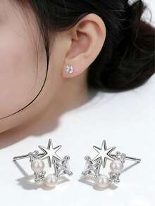 1 Đôi bông tai hình ngôi sao bằng bạc Sterling S925 đính ngọc trai và đá Zirconia, bề mặt kim loại được đánh bóng như gương, thiết kế tối giản hình ngôi sao, phụ kiện thanh lịch cho trang phục hàng ngày. - Ngôi sao - Xem 7