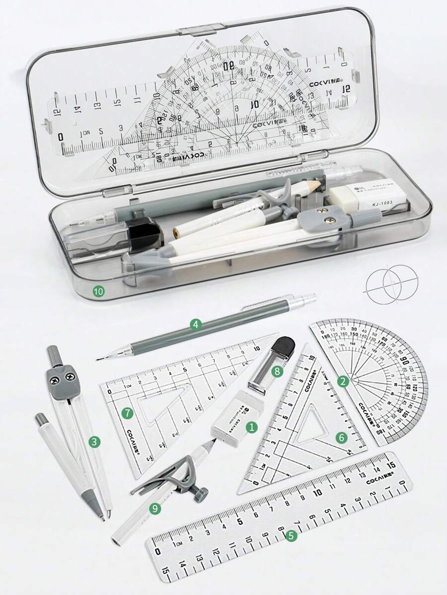 10 piezas Juego de compás y regla para estudiantes, incluye regla, regla triangular, transportador, juego de herramientas de dibujo multifunción para papelería