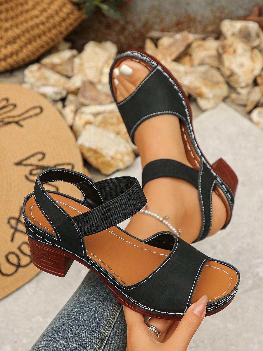 Plus Size 36-43 European & American Style Summer New Fashion Open Toe Plus Size Sandals, Slip-On Thick Heel Increased Height Ladies High Heel Sandals, Black & Brown - Black Matte - View 1