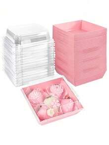 50/40/30/25/20/15/10/5 Stücke Set rosa Dessert Boxen, Verpackungsboxen mit durchsichtigen Deckeln, quadratische Kuchencontainer, kleine Gebäckboxen, für Kekse, Sandwiches, Erdbeeren, Dessert Boxen mit transparenten Abdeckungen, fettdichtes Kraftpapier, weiße & rosa Kraftpapier Brotboxen, perfekt für Kekse, Macarons, Kuchen, Sandwiches, geeignet für Hochzeiten, Partys und besondere Anlässe - Pink - Übersicht 1