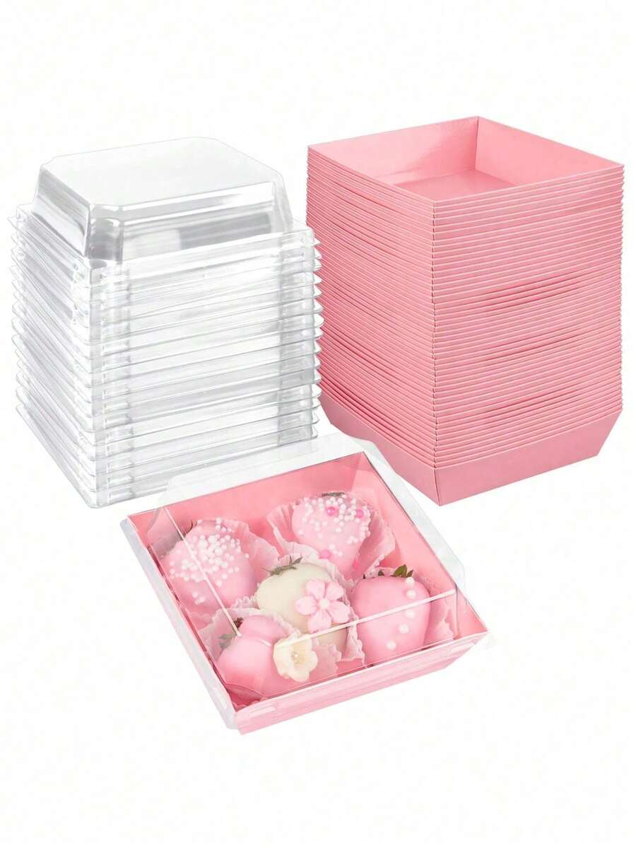 50/40/30/25/20/15/10/5 Stücke Set rosa Dessert Boxen, Verpackungsboxen mit durchsichtigen Deckeln, quadratische Kuchencontainer, kleine Gebäckboxen, für Kekse, Sandwiches, Erdbeeren, Dessert Boxen mit transparenten Abdeckungen, fettdichtes Kraftpapier, weiße & rosa Kraftpapier Brotboxen, perfekt für Kekse, Macarons, Kuchen, Sandwiches, geeignet für Hochzeiten, Partys und besondere Anlässe - Pink - Übersicht 1