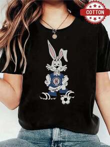 1pieza Blusas de mujer hermosas Blusas para mujeres Conjuntos de ropa para mujeres Conejo azul cruz 180G Blanco y negro patrón de fútbol impreso Cuello redondo básico holgado transpirable versátil lavable en máquina cómodo Talla S ~ 3XL Diario casual deportivo esencial verano - Oscuro - Ver 1