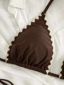 Bộ bikini hai mảnh gợi cảm, tối giản, thanh lịch dành cho nữ, thích hợp đi biển, du lịch, dự tiệc, màu trơn, kiểu buộc dây cổ, bộ đồ bơi 2 mảnh quyến rũ, mẫu mới Xuân/Hè. - màu nâu - Xem 5