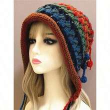 1 pieza Sombrero de lana con ala rizada para mujer, Gorro de punto de invierno, Gorro de punto a rayas arcoíris a prueba de viento, Gorro de punto con borla y bola, Adecuado.