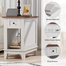 Narrow Side Table With Charging Station - Small Side Tables For Living Room, Nightstand - White - View 6