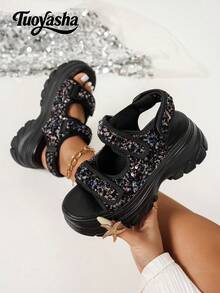 新款女鞋，时尚百搭，舒适厚底，休闲凉鞋，双带增高显瘦防滑，亮片装饰，轻便舒适，休闲百搭，适合日常穿着和通勤。 - 彩黑色 - 查看 1