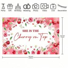 1 件粉色蝴蝶结樱桃主题派对背景横幅 - 印有“她是锦上添花”字样，适用于婴儿派对、生日庆祝、洗礼、新娘派对、拍照墙背景，完美礼物 - 彩色 - 查看 5