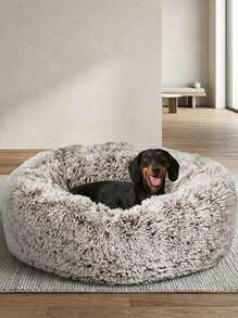 1pc Plush Round Pet Bed With Non-Slip Bottom, Winter Use For Small, Medium, And Large Dogs And Cats - Mocha Brown - View 3