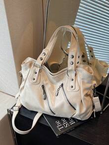 Retro Minimalist Large Capacity Fashion Student/Work Commute Tote Bag - Beige - View 7