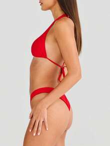 Women's Two Piece Bikini Swimsuit Triangle Top Bathing Suits Back Tie String Cheeky Bikini Sets - Rojo - Ver 2
