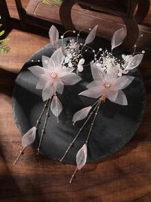 2pcs Chiffon Elegant Bright Red Flower Hair Accessories, Prop For Photo Studio, Hanfu Hair Clip - Snow Bud - View 3