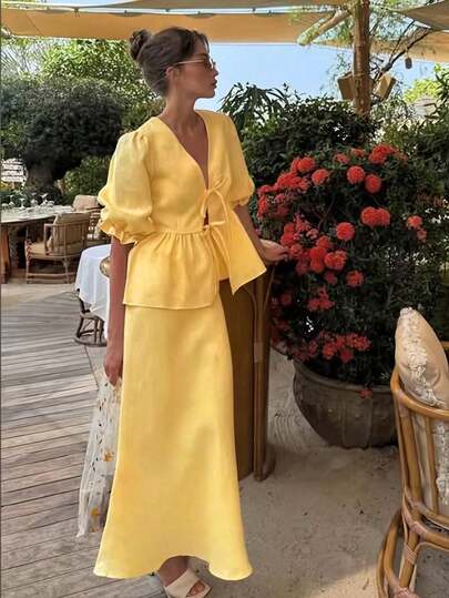 女士优雅时尚新款热销成人连衣裙纯色泡泡袖圆领系带上衣和休闲长裙两件套