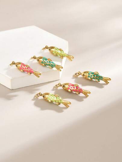1/5件装 古风鲤鱼不锈钢DIY饰品吊坠 时尚珐琅彩滴油3D鱼形吊坠项链手链挂件
