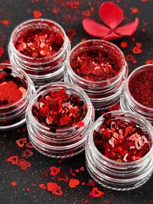 6盒红色心形闪粉美甲用品，激光全息闪粉装饰，美甲DIY，情人节装饰，美甲沙龙设计配件 - 紅色 - 查看 5