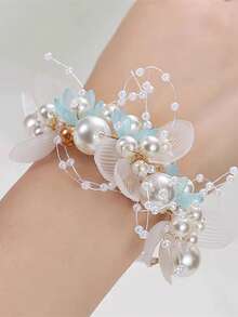 1pc Elegant Blue Floral Sheer Lace Bow Wrist Corsage, Suitable For Bride, Bridesmaid, Performance And Dance