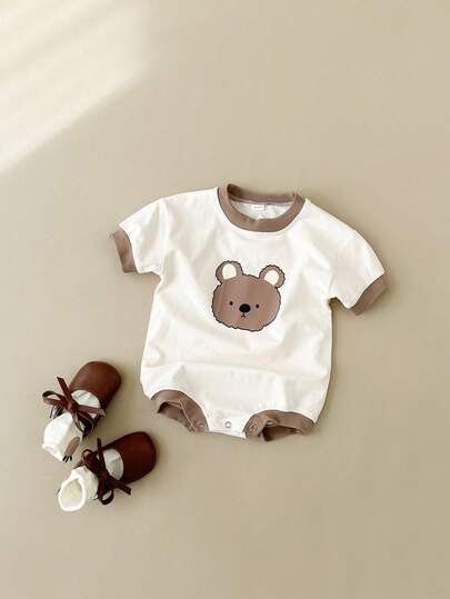 Newborn Baby Girls Cute Bear Print Short Sleeve Romper, Spring/Summer