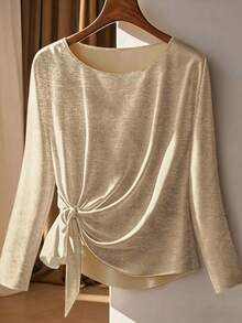 Minimalana 女士宽松休闲浪漫不对称下摆抽绳圆领长袖套头衫，适合春夏户外旅行、摄影、早午餐，也适合秋季穿着。 - 駝色 - 查看 4