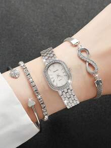 4件套女士银色不锈钢表带时尚休闲经典罗马数字刻度表盘石英表手链首饰套装，适合日常佩戴、装饰、赠送朋友或作为节日礼物。