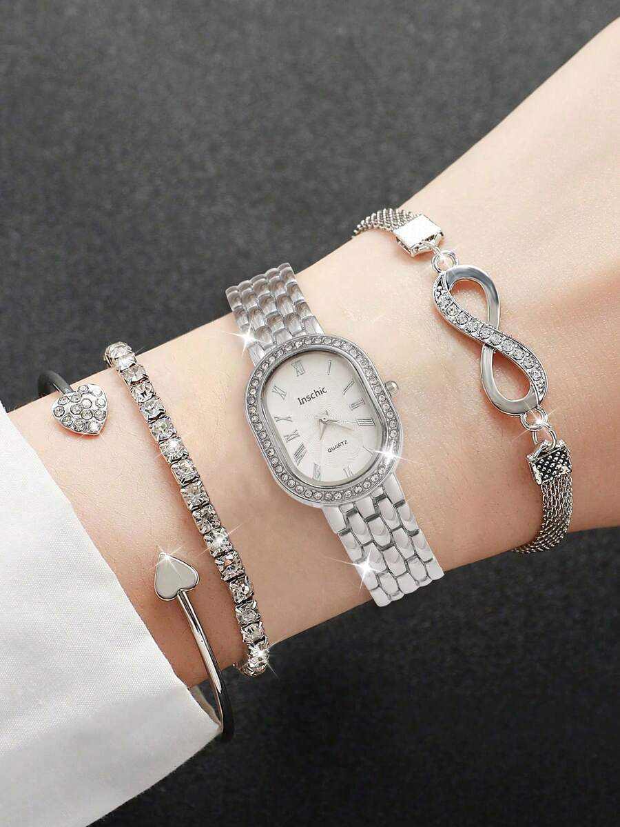 4件套女士银色不锈钢表带时尚休闲经典罗马数字刻度表盘石英表手链首饰套装，适合日常佩戴、装饰、赠送朋友或作为节日礼物。